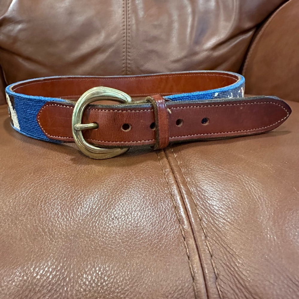 Vtg Dan Place Needlepoint Belt Unisex Blue Cats Leather Brown Grandmacore 32